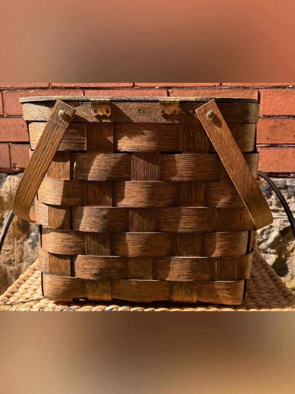 Vintage 70s Americana Eagle Woven Wood Basket with Lid Rustic Primitive Storage